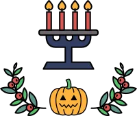 A black and white drawing of a candle holder with four candles and a pumpkin