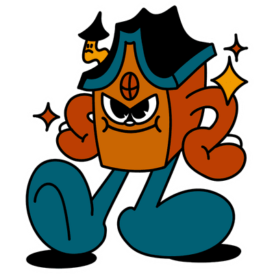 Cartoon Haunted House Character with Spooky Face and Big Shoes
