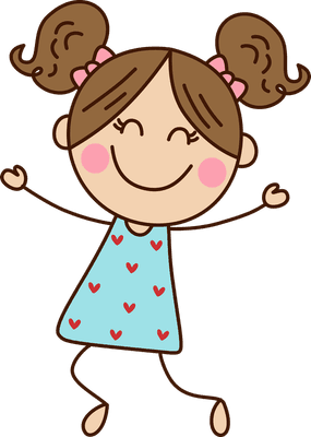 Happy girl with pigtails, wearing blue dress with hearts, expressing joy and excitement