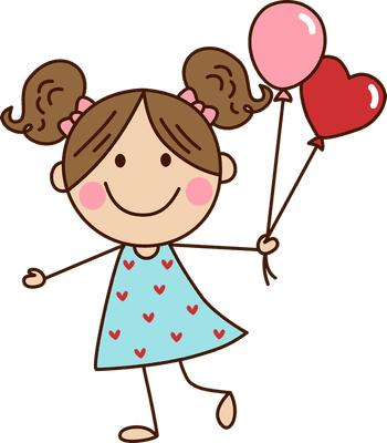 Happy girl holding balloons, smiling joyfully in cute dress with hearts