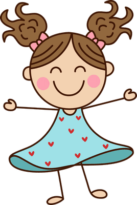 Happy girl with pigtails wearing blue dress, expressing joy and playfulness