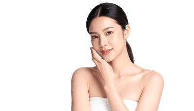Smiling Woman Touching Her Face with Soft Makeup on Isolated Background