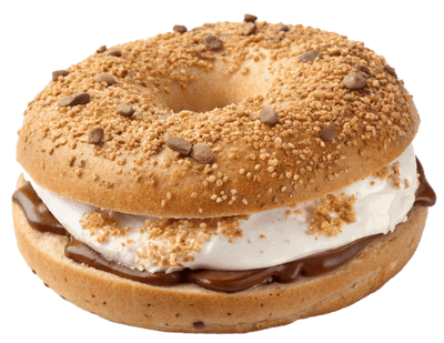 A smores bagel with a marshmallow fluff center and graham cracker crumbs