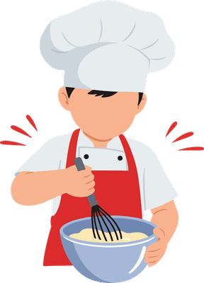 Vector artwork of a chef whisking ingredients in a bowl.