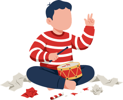 Happy child plays a toy drum, making a peace sign.