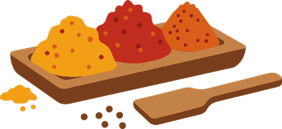 Assortment of vibrant powdered spices with a wooden spoon.