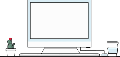 Illustration of Computer with Cactus and Coffee