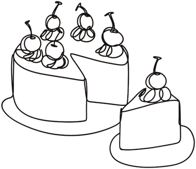 Black forest chocolate cake with cherry,cake slice with cherry one line art drawing