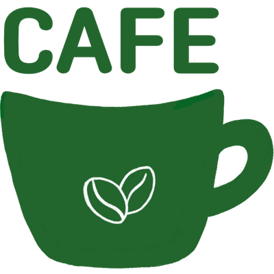 초록색 커피 머그잔과 cafe coffee 글자 스마일