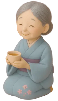 Old woman in kimono with tea