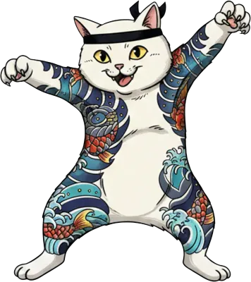 White samurai cat illustration with Japanese tattoos and a katana in its mouth.