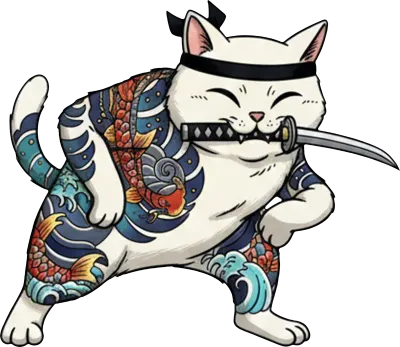 White samurai cat illustration with Japanese tattoos and a katana in its mouth.