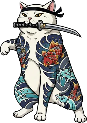 White samurai cat illustration with Japanese tattoos and a katana in its mouth.