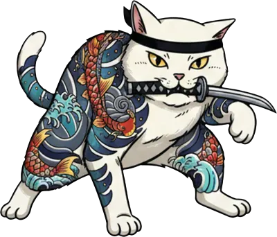 White samurai cat illustration with Japanese tattoos and a katana in its mouth.