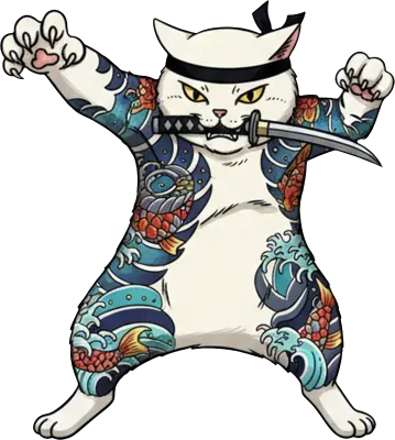 White samurai cat illustration with Japanese tattoos and a katana in its mouth.