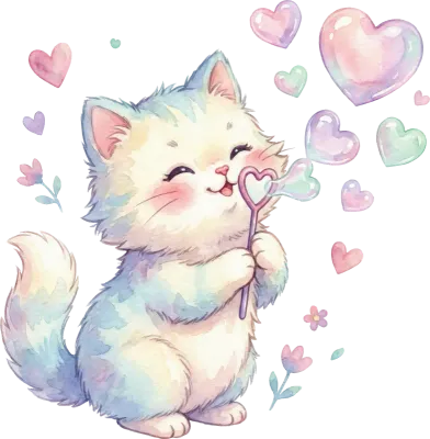 Cute Watercolor Style Kitten Blowing Bubbles with Heart Wand Illustration