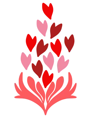 Stylish and simple illustration of colorful red and pink hearts on top of pink leaf shaped base