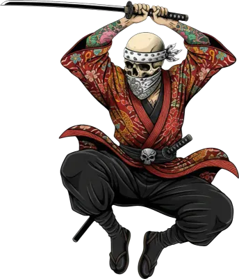 Undead skeleton samurai warrior in a red floral kimono holding a katana sword.