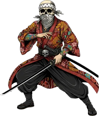 Undead skeleton samurai warrior in a red floral kimono holding a katana sword.