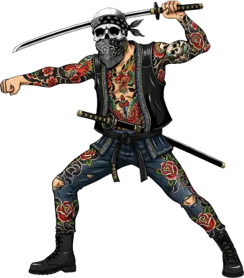 Tattooed urban samurai with skull mask and dual katanas in a dynamic combat pose.