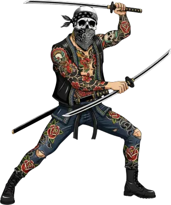Tattooed urban samurai with skull mask and dual katanas in a dynamic combat pose.