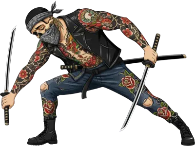 Tattooed urban samurai with skull mask and dual katanas in a dynamic combat pose.