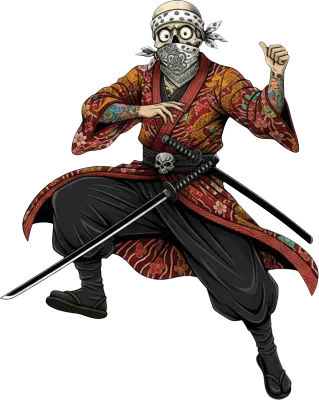 Undead skeleton samurai warrior in a red floral kimono holding a katana sword.