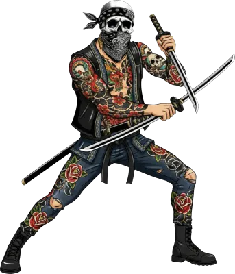 Tattooed urban samurai with skull mask and dual katanas in a dynamic combat pose.