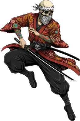 Undead skeleton samurai warrior in a red floral kimono holding a katana sword.