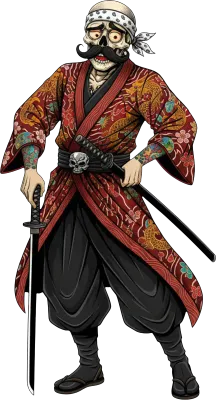 Undead skeleton samurai warrior in a red floral kimono holding a katana sword.