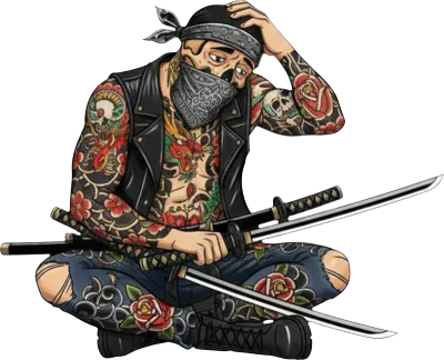 Tattooed urban samurai with skull mask and dual katanas in a dynamic combat pose.
