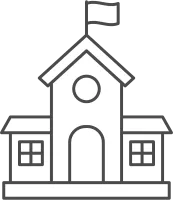 School Building Architecture Line Art Icon with Flagpole and Windows