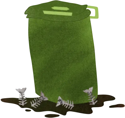 green garbage bin with fish bone