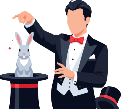 A cartoon magician pulling a rabbit out of a hat in a magic show