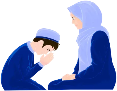 Muslim boy showing respect and asking for forgiveness from his mother during Eid al-Fitr. Vector ill