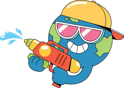 Cute Earth Mascot Playing Water Gun. Fun Summer Cartoon Illustration
