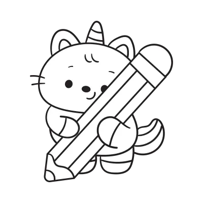 Cute unicorn cat writing with pencil back to school kawaii coloring page
