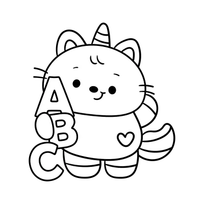 Cute unicorn cat outline holding ABC alphabet back to school kawaii coloring page