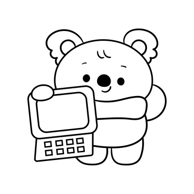 Cute koala bear outline holding laptop back to school kawaii coloring page