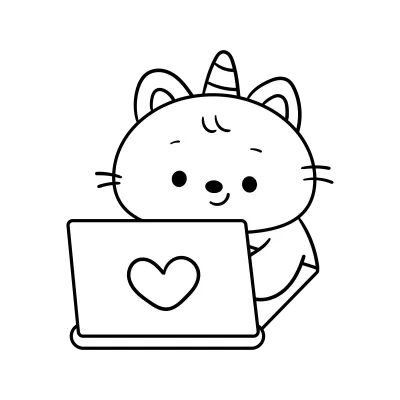Cute unicorn cat outline using laptop back to school kawaii coloring page