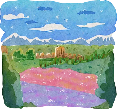 Watercolor landscape painting of ancient ruins nestled among green hills transparent background