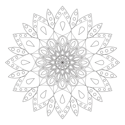Intricate black line mandala illustration with symmetrical floral and geometric elements on a light