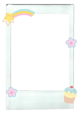 Illustration of polaroid frame with flowers, cupcake, star and rainbow for sweet dessert, cafe, card