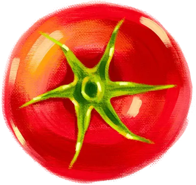 Vibrant impasto painting of a ripe red tomato viewed from above with green stem