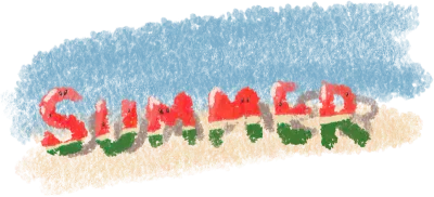 여름 과일 17 - 크레용 손그림 해변 위 수박 타이포그래피 일러스트