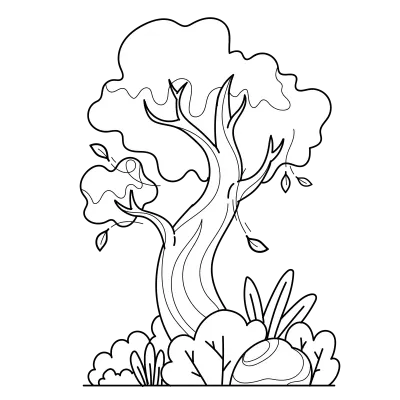 Forest Tree Bundle Coloring Page and Colored Cartoon