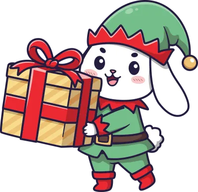 Cute Rabbit Dressed as Christmas Elf Holding Gift Vector Illustration