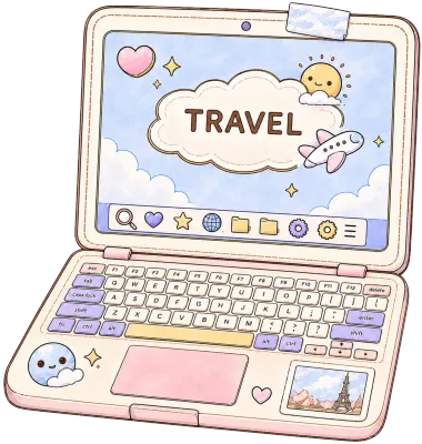 Cute pastel kawaii travel stickers, hand-drawn cozy aesthetic PNG collection