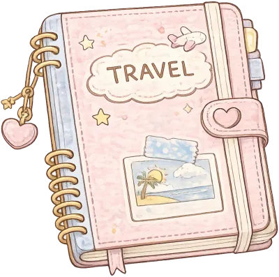 Cute pastel kawaii travel stickers, hand-drawn cozy aesthetic PNG collection