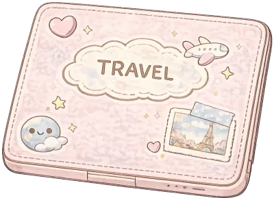 Cute pastel kawaii travel stickers, hand-drawn cozy aesthetic PNG collection